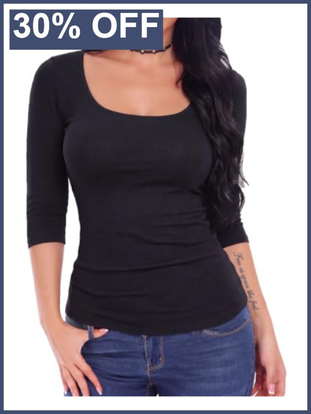 Women's 3/4 Sleeve Square Neck Slim Fit Soft Tee
